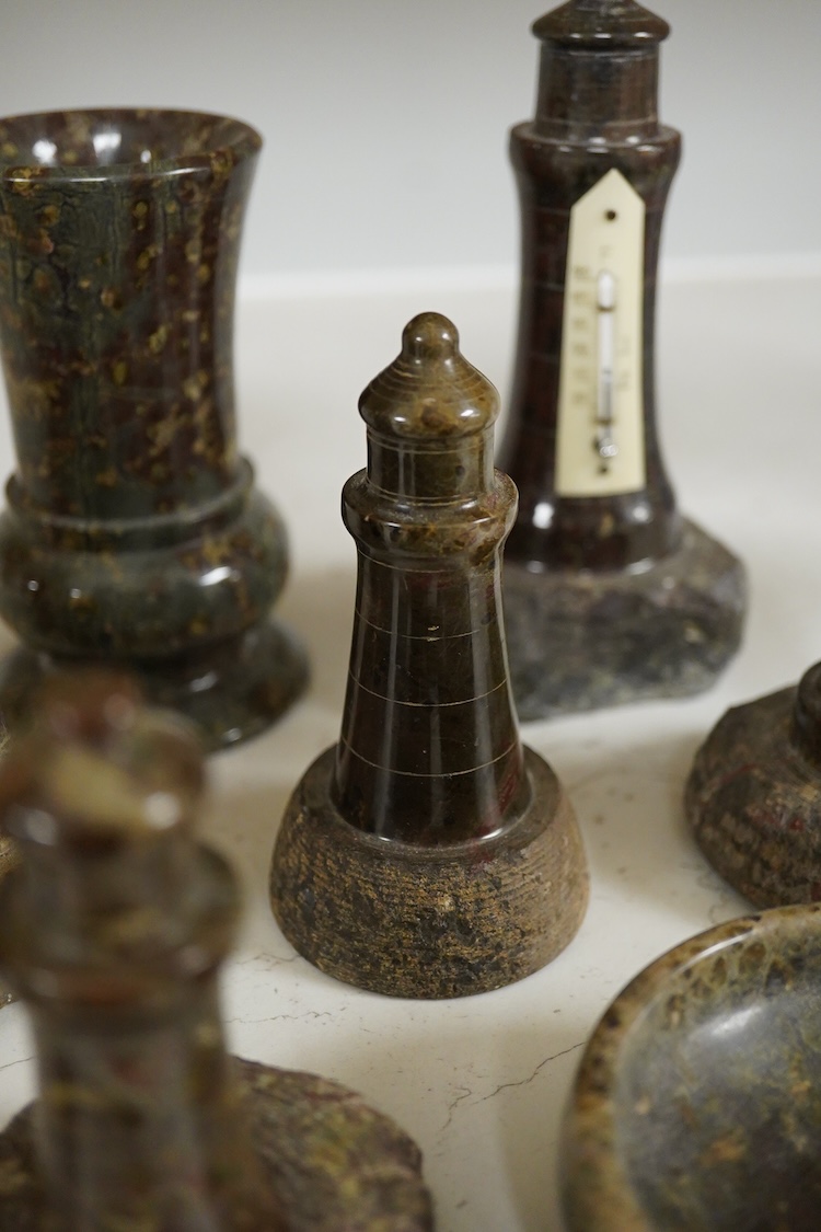 A collection of cornish serpentine to include a desk thermometer, map base and pin dish, largest 19cm high